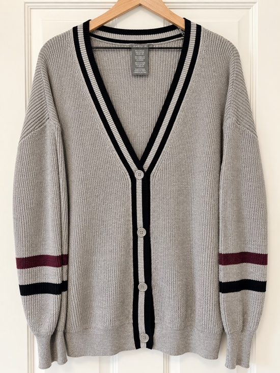 Matty M Sweaters - Matty M Light Gray Longline Cardigan Collegiate Varsity Workwear